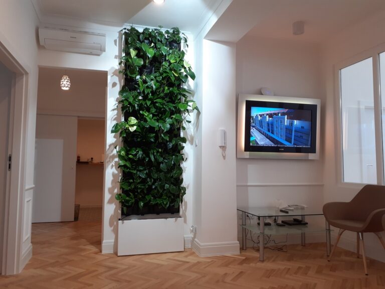 Podłużna zielona ściana w warszawskim biurze deweloperskim